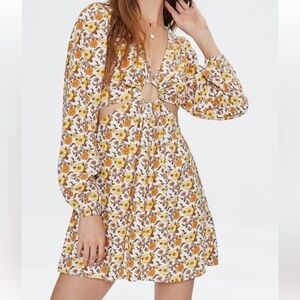 Forever 21 Yellow Floral  Cutout Sides Mini Dress NWT
